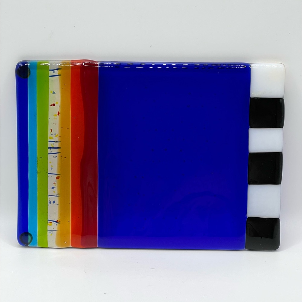 Fused Art Glass Bright Colorful Cobalt Blue Cheese Board Tray Rectangle Plate
